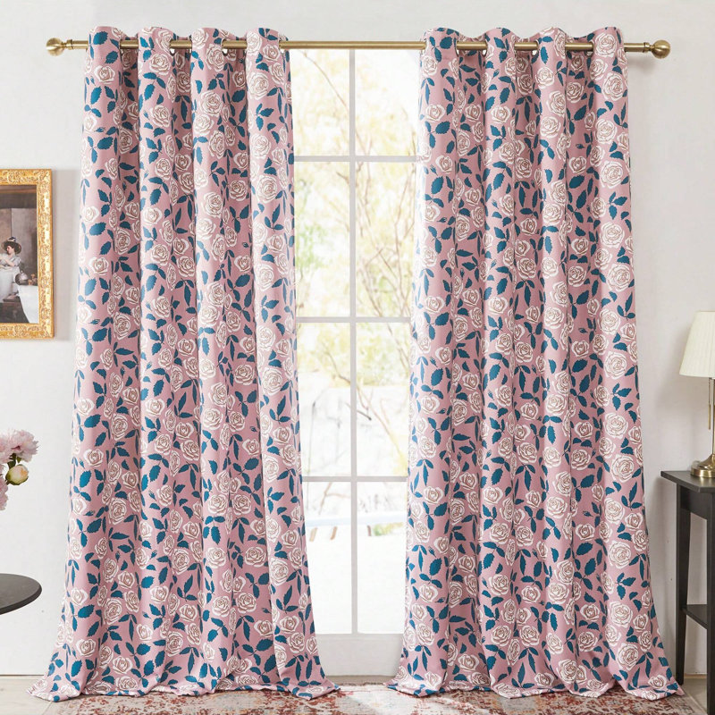 Paire de rideaux 100% occultant avec œillets à motif floral en lin (ensemble de 2), L 42 po x L 63 po, Rose