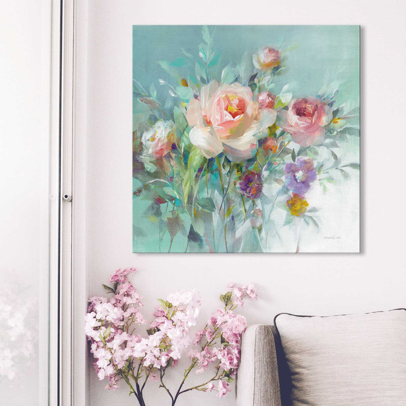 Roses de jardin d'été - Peinture, Toile tendue, H 18 po x l 18 po x P 1 po