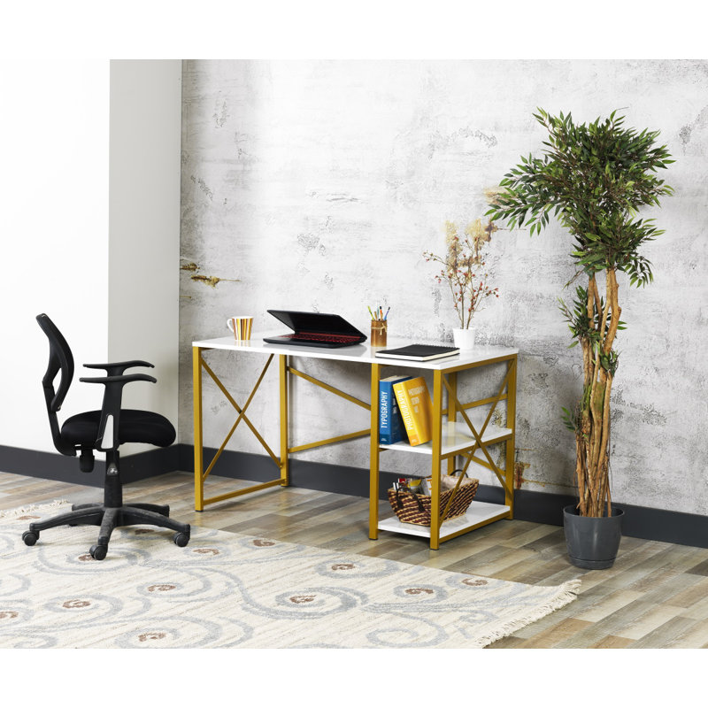 Walnut and Black Metal Frame 47" Writing Desk with Shelves