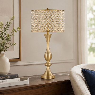 Lampe de table, topaze 27 po, métal doré avec cristal K9 transparent et abat-jour en métal