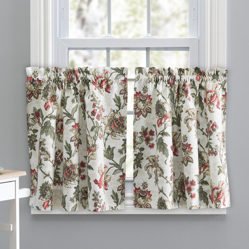 Tania Cotton Blend Floral Tailored Cafe Curtain, 56" W x 36" L, Brick
