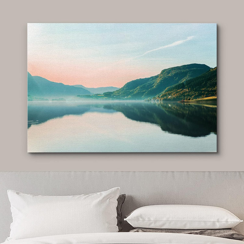 Nature, paysage, pastel, coucher de soleil, ciel, montagne, vallée, lac, sur toile, H 32 po x l 48 po x P 1,5 po
