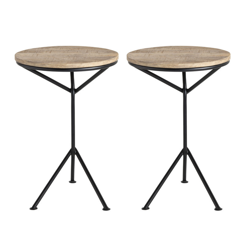 Set of Two Round Mango Wood and Black Metal Accent Tables