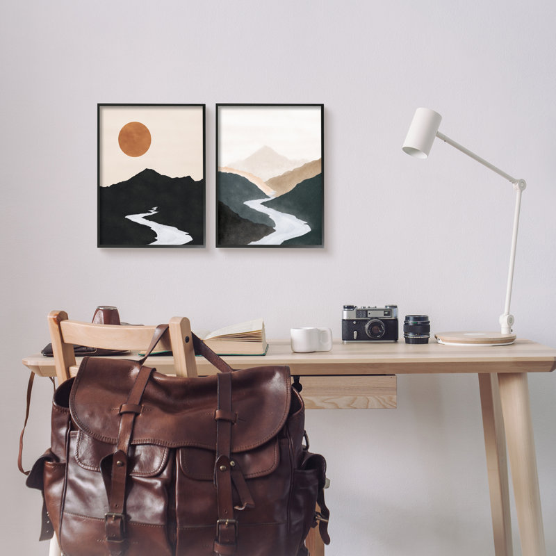 «River Flowing into Distance Mountain Sun Landscape» par JJ Design House LLC - Ensemble de 2 peintures sur toile à cadre flottant