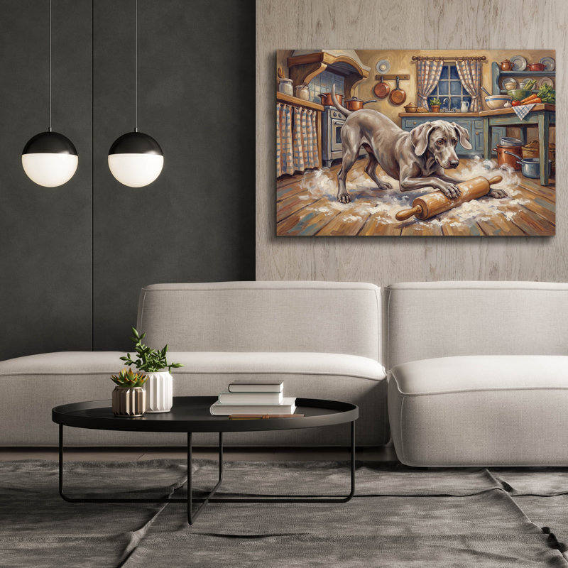  «Weimaraner In The Kitchen» par Rich Monet, art mural sur toile, 60 po x 40 po, H 40 po x l 60 po