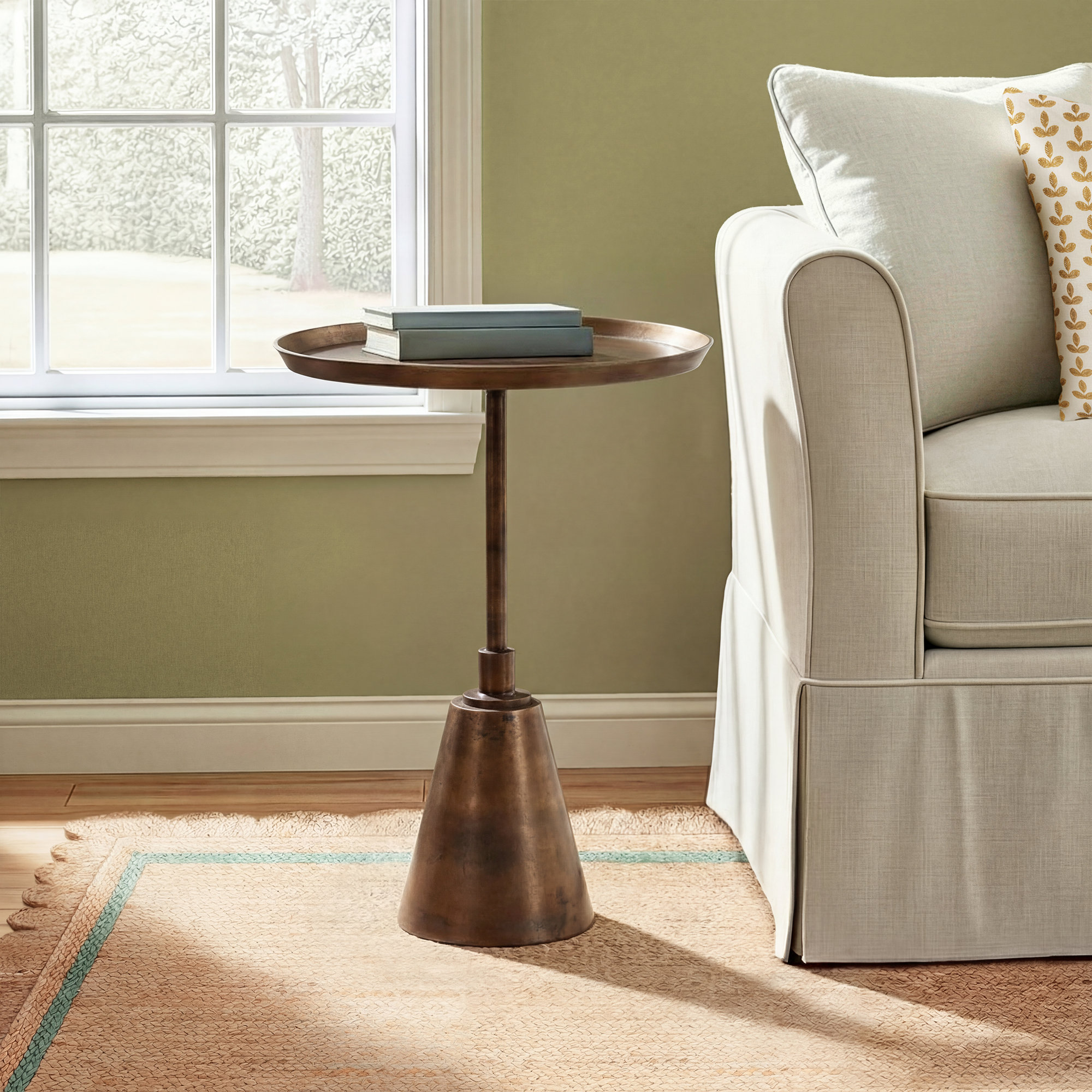 Ferri Round Aluminum Oil Brass Finished Pedestal Base End Table, 22" H x 16" W x 16" D