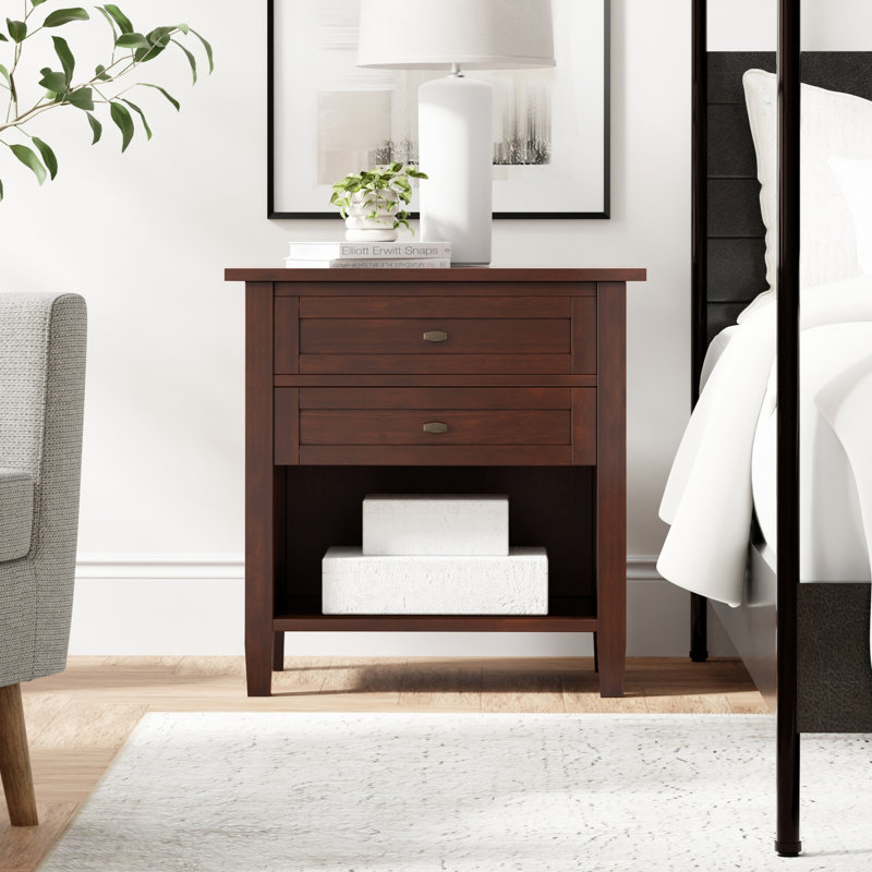 Table de chevet transitionnelle en bois massif avec tiroirs et tablette ouverte Warm Shaker, Brun roux