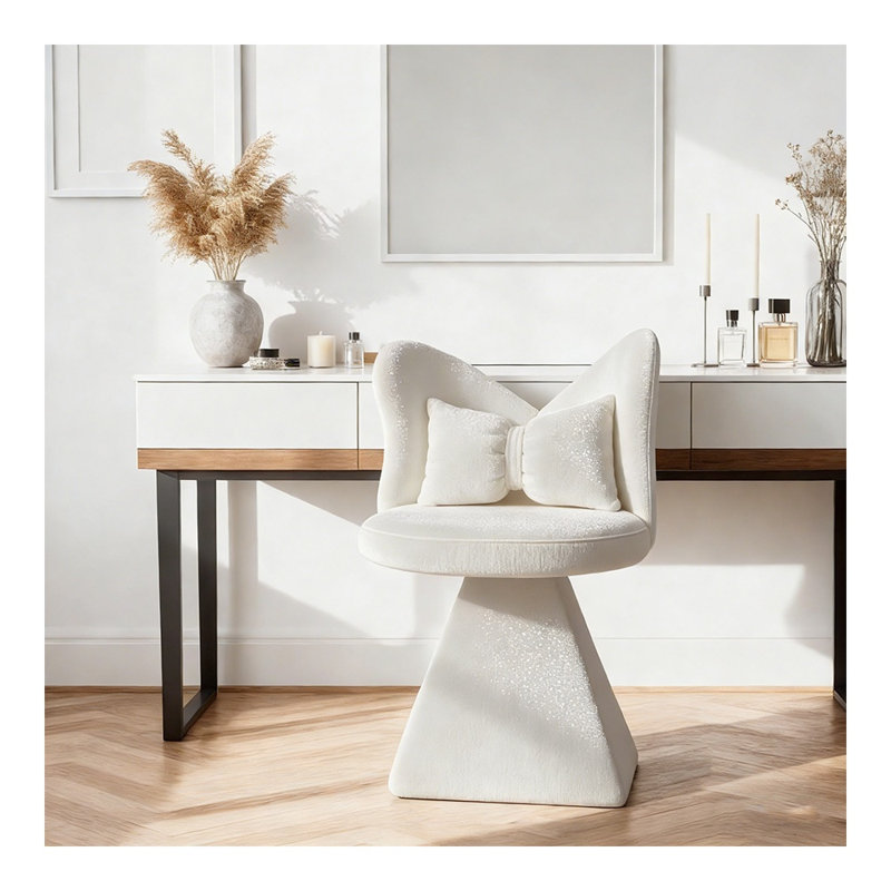 White Fabric Swivel Vanity Chair with Butterfly Back Design and Triangular Base for Bedroom or Dressing Room