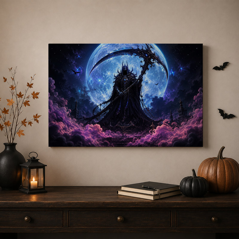Personnage sombre en armure avec une faux sous une grande toile bleue d'Halloween, H 20 po x l 30 po