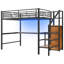 Lit mezzanine double en métal avec bureau, escalier de rangement, garde-robe et lumière DEL-1108465148