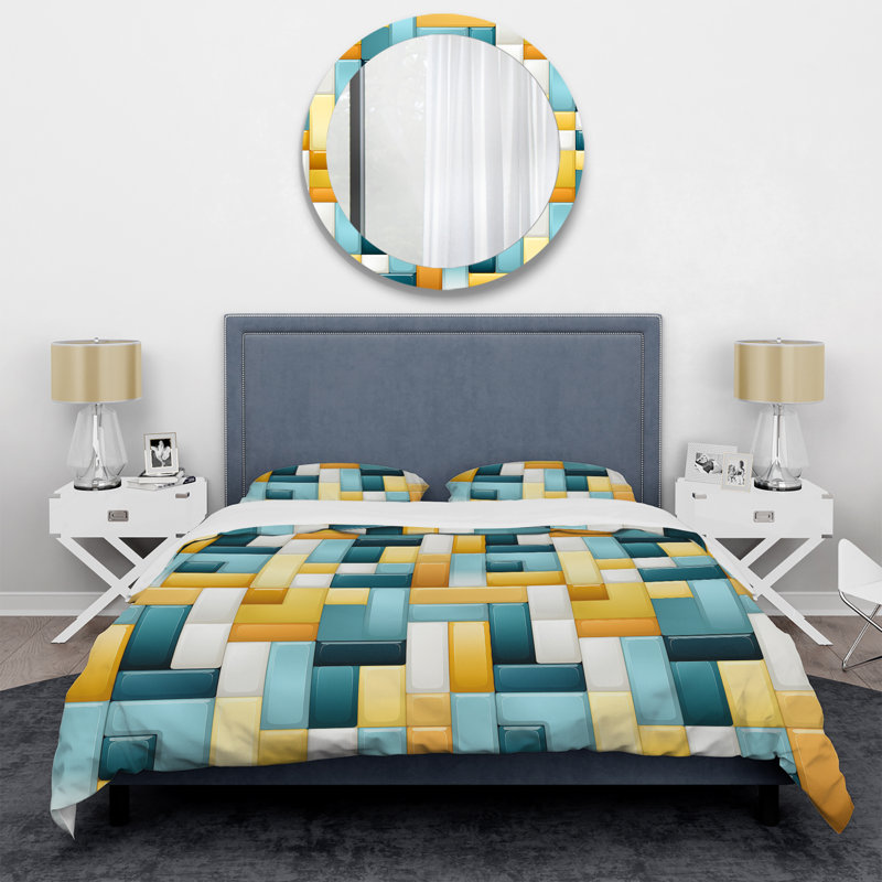 Ensemble de housse de couette jaune et bleu à blocs géométriques Harmony I, Housse de couette pour très grand lit et 2 très