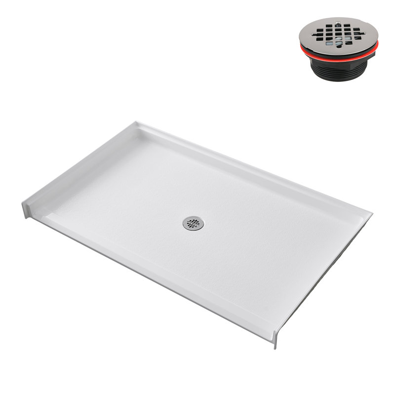 72 po. X 36 po. Base de douche en alcôve en acrylique blanc brillant avec drain central, drain inclus, Blanc lustré