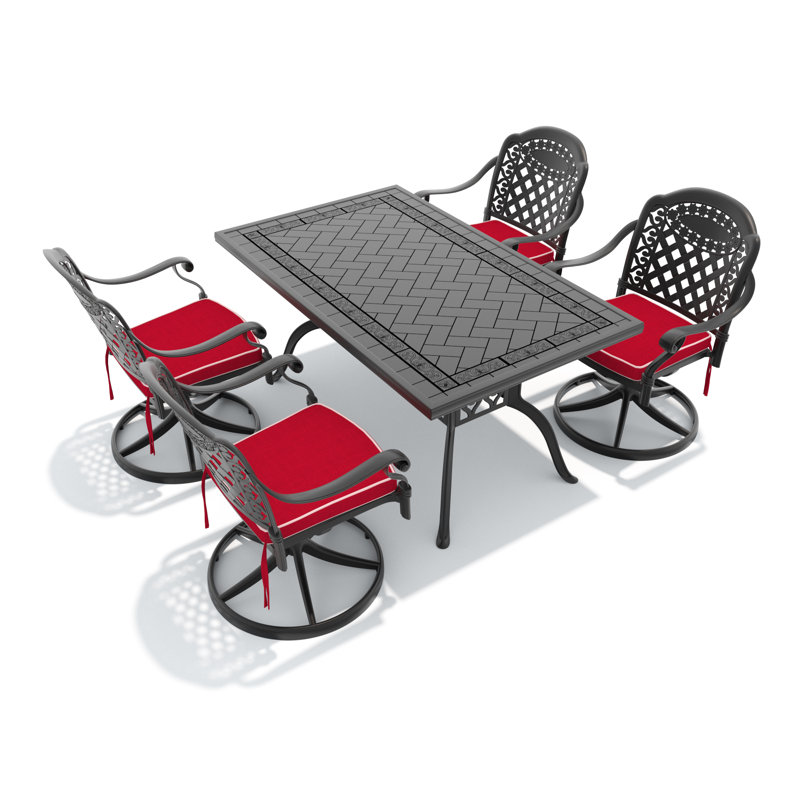 Ensemble de salle à manger d'extérieur rectangulaire 4 personnes 150 cm (59,06 po) de long avec 4 chaises pivotantes et coussins rouges