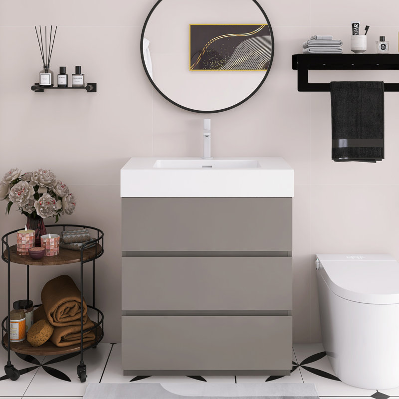 Meuble-lavabo à poser une pièce 30 po, Gris, Blanc