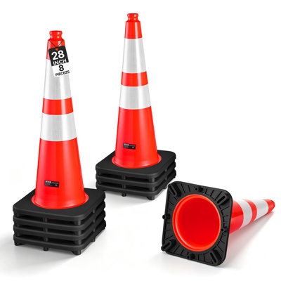 Cônes de signalisation routière de 71 cm (28 pouces) en PVC souple orange, pour la signalisation d'accidents ou de travaux, avec base noire lestée, collerette réfléchissante visible la nuit, robustes et faciles à ranger.