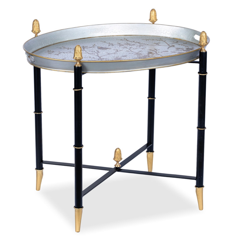 Pewter Round Tray & Gold Table with Finials, Black/Gold/Pewter