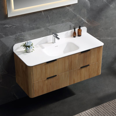 48" Modern Floating Fluted Bathroom Vanity With Acrylic Integrated Sink, 4 Soft-Close Drawers, Solid Wood Accents & Floating Wall-Mounted Design