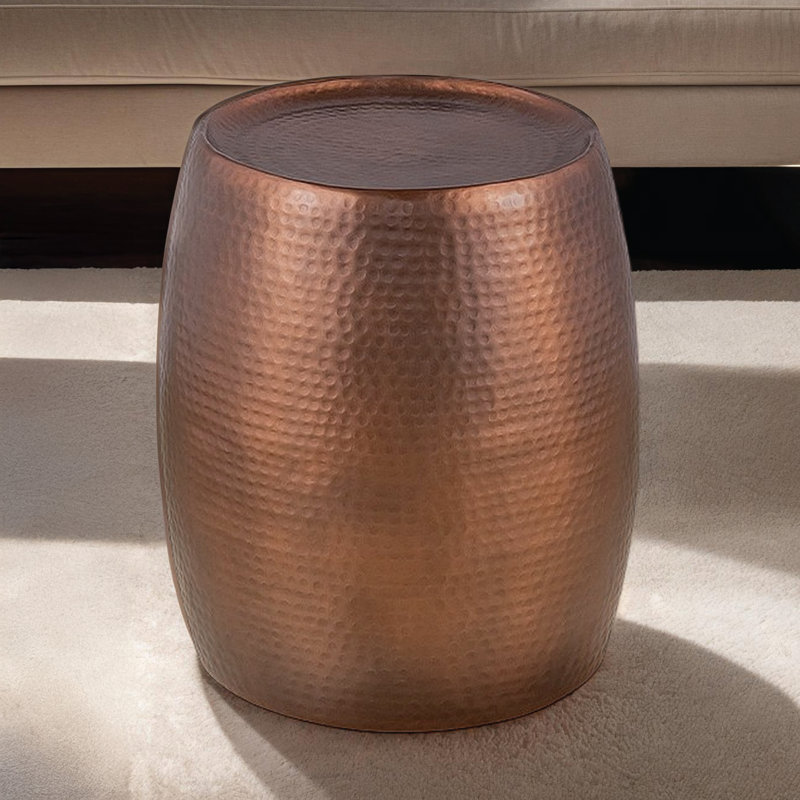 Antique Copper Round Iron Drum Storage Accent Table