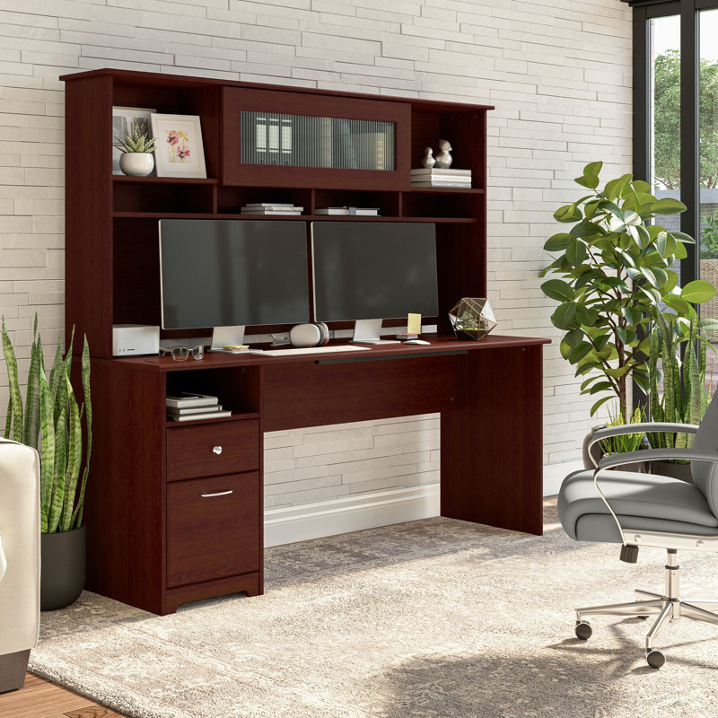 Ozro Computer Desk, Harvest Cherry, 66.3" H x 71.69" W x 23.19" D