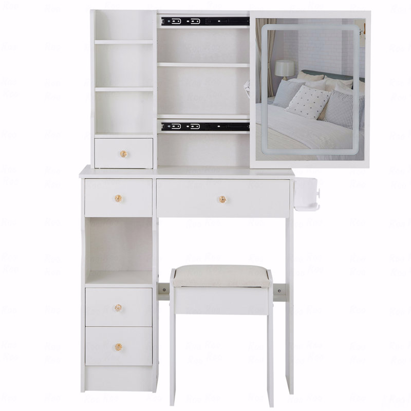 Petit meuble-lavabo de 29,2 po avec tiroir à gauche + tabouret rembourré, 2 blocs d'alimentation CA + 2 ports USB, support pour sèche-cheveux, très grand miroir coulissant à commande tactile à DEL, réglage de la luminosité tricolore, réglage de la luminosité