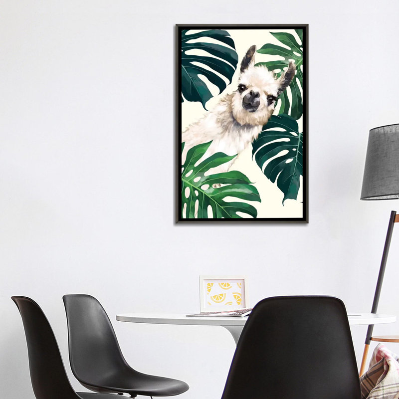 Lama sournois avec art Monstera, H 40 po x l 26 po x P 1,5 po, Toile encadrée de bois rustique foncé