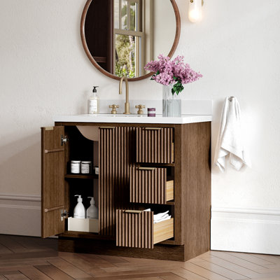 Haun 36'' Solid Wood Single Bathroom Vanity with 1.5'' White Quartz Top, Right Offset, Oval Sink