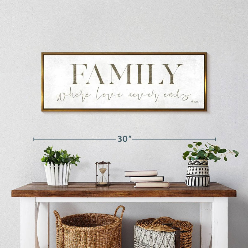 Plaque murale «Family Where Love Never Ends», Cadre flottant doré, 28 po x 10 po