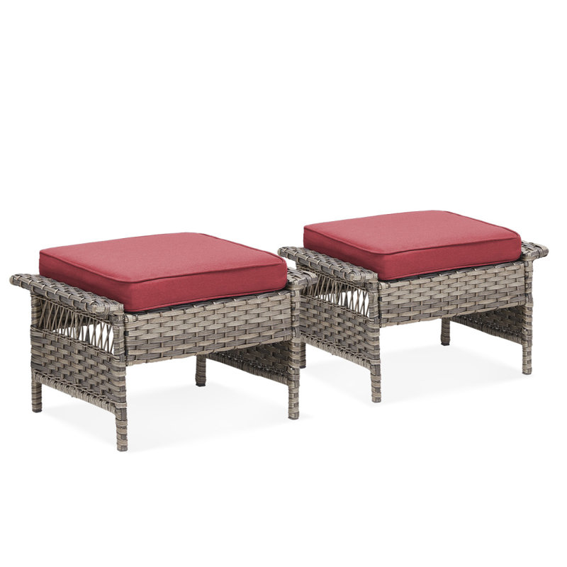 Outdoor PE Wicker Ottoman Set Of 2, Patio Gray Rattan Footrests With Red Cushions For Backyard Or Deck, Red