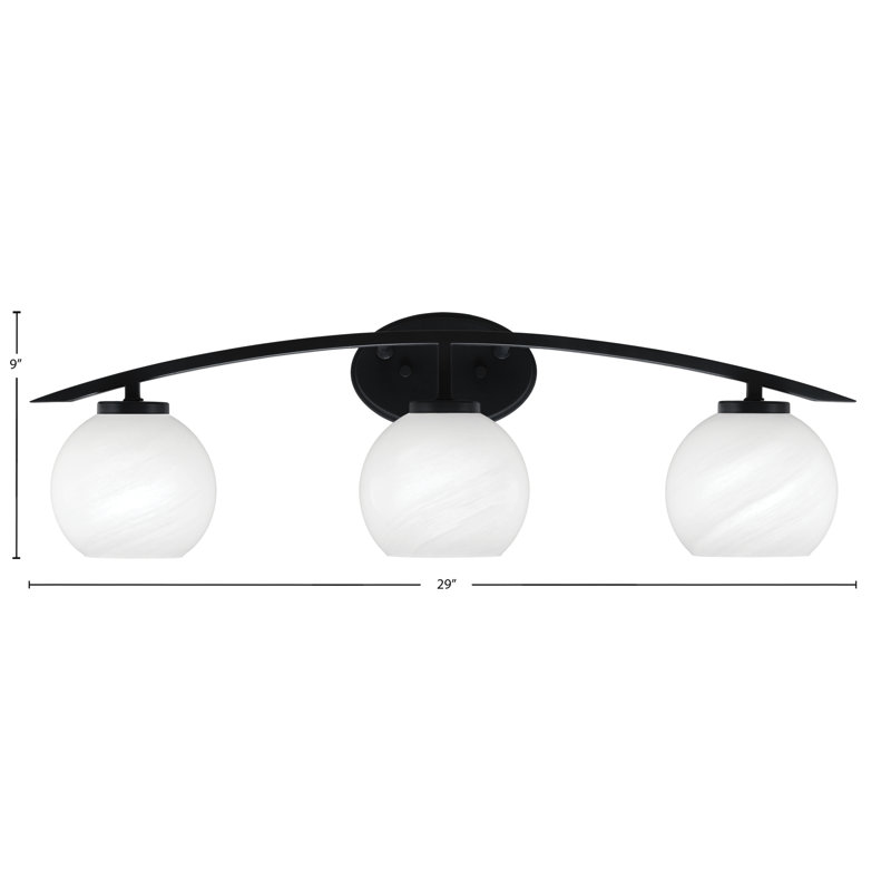 Barre d'éclairage de salle de bain 3 lumières avec verre marbré blanc 5,75 po Kurve, Noir mat