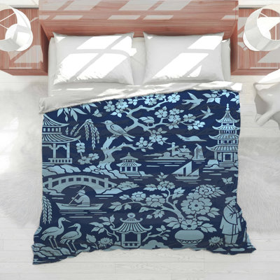 Blue Asian Landscape Motif Comforter