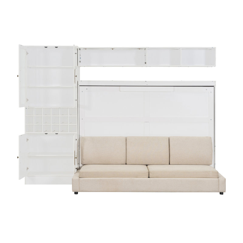 Lit escamotable double pleine grandeur avec canapé, tablettes USB et lumière, blanc, Blanc