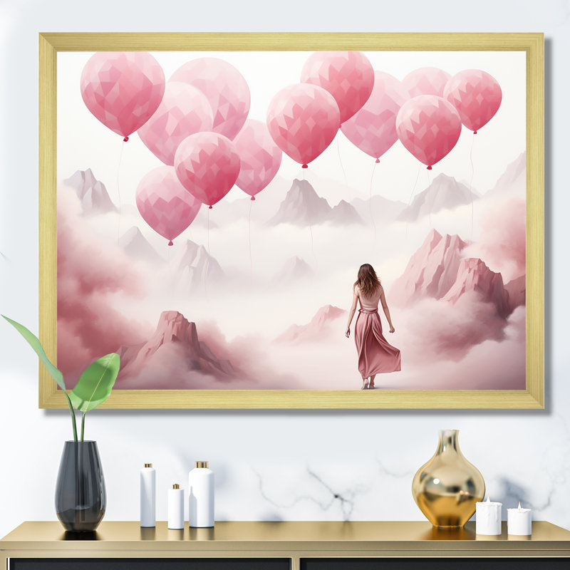 «Rose and White Air Balloon Solitude III - Abstract Landscape Art mural», Cadre doré à coins fermés
