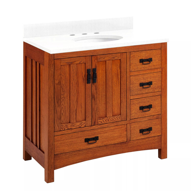 Meuble-lavabo 36 po - Chêne teinté avec lavabo encastrable Maybeck, Quartz blanc plume, 8 po