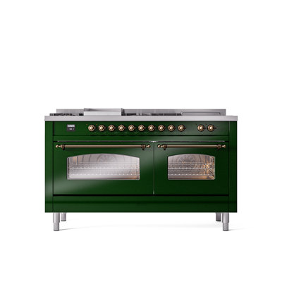 Cuisinière à double combustible de 60 po avec 5 brûleurs scellés, plaque chauffante et porte française ILVE Nostalgie II Series