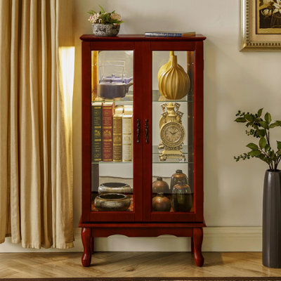 Cabinet, Glass, Adjustable Shelves Glass Door, Lighted Diapaly With And Mirrored Back Panel, Tempered Doors