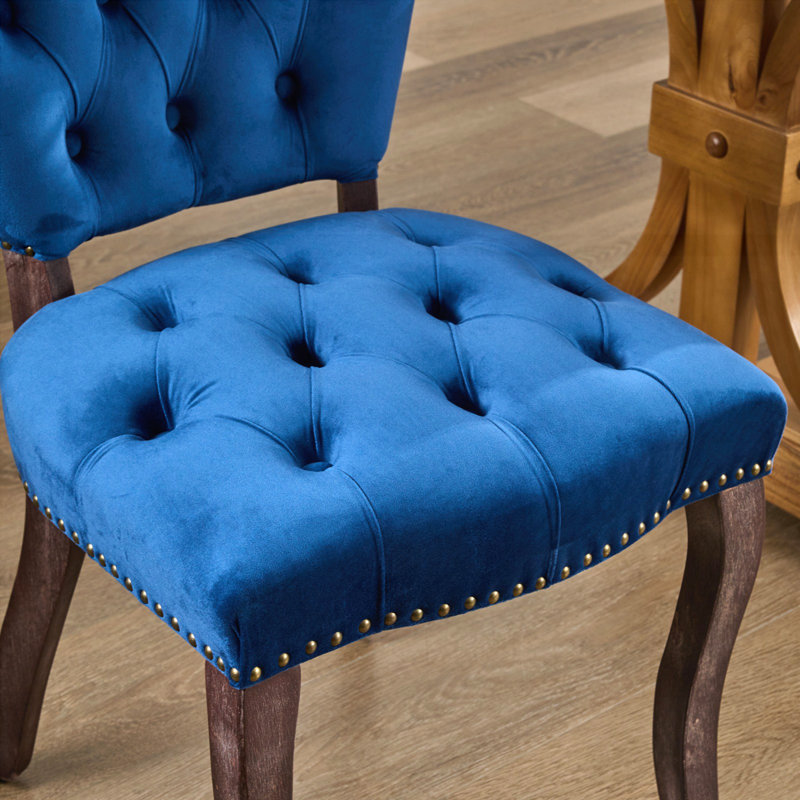 French Vintage Tufted Upholstered Fabric Dining Chair, Blue