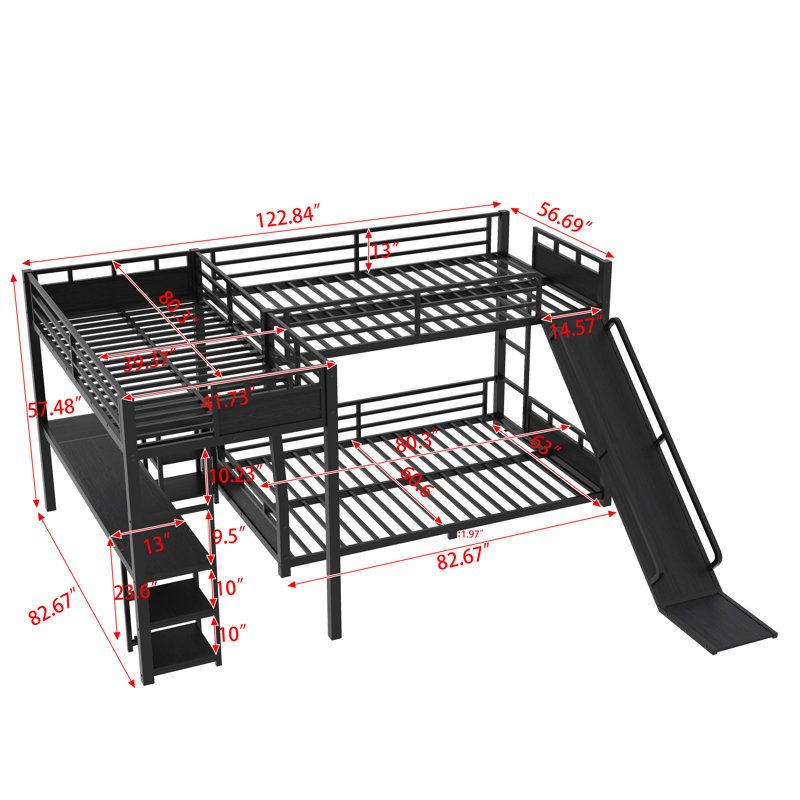 Lit superposé triple en L en forme de L, plateau double TG, lit double, lit mezzanine simple TG, bureau, tablettes, USB, glissière, noir