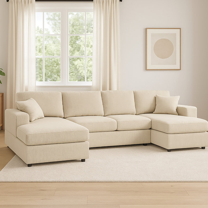 Canapé d'angle crème 3 pièces en velours côtelé avec méridienne double pour 4 personnes, accoudoirs carrés, design bas et housses amovibles faciles d'entretien. 4 options d'assise confortables. Coussins inclus.
