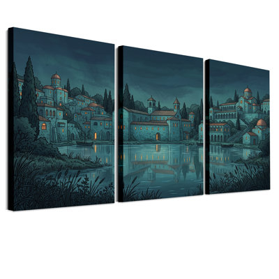 Blue Hillside Village with Glowing Windows and Boats Set Of 3 Canvas Wall Art