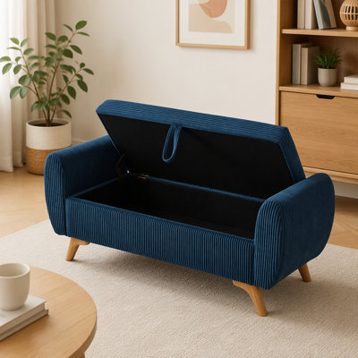 Banc de rangement moderne de 145 cm en velours côtelé bleu avec pieds en bois massif – Siège et rangement multifonctionnels pour chambre ou entrée