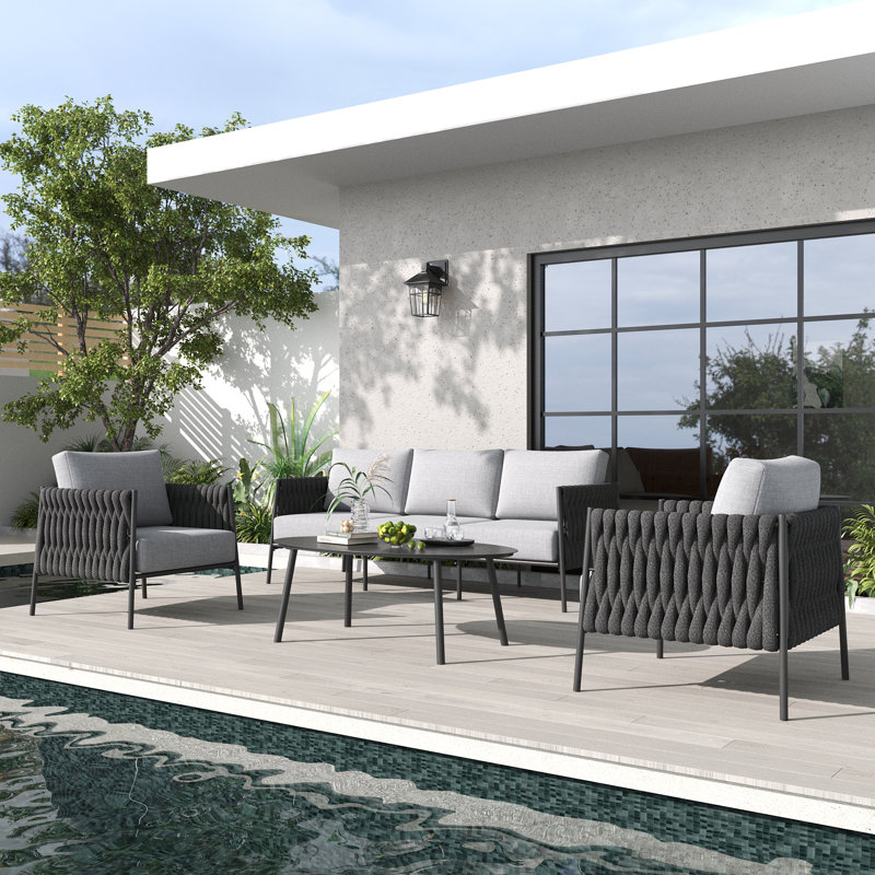 4 Piece Outdoor Furniture Set with Coffee Table, Modern Rope Woven Patio Conversation Sofa Set with Olefin Braid and Deep Seating