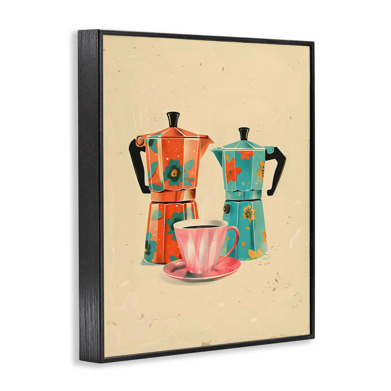 «Retro Morning Moka Pots», estampe numérique, design par Arlington Prints, H 14 po x l 11 po, Giclée encadrée noir minuit