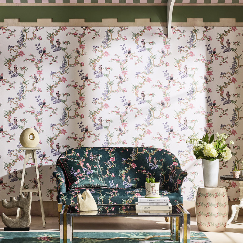 Cath Kidston Birds & Berries Navy Wallpaper, Pink