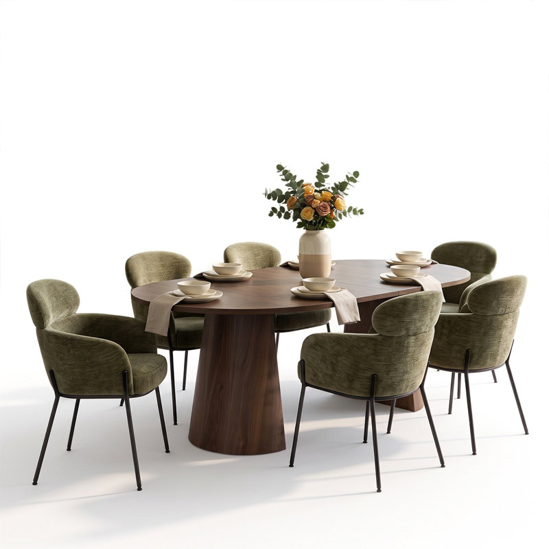Ensemble de table de salle à manger extensible ronde à ovale avec fauteuils rembourrés, 7 pièces : table, 6 chaises, Vert