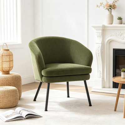 Fauteuil demi-tonneau gris en velours côtelé avec pieds en métal noir, fauteuil d'appoint capitonné Modern Channel avec rembourrage en mousse dense, fauteuil simple confortable pour le bureau de la chambre à coucher du salon