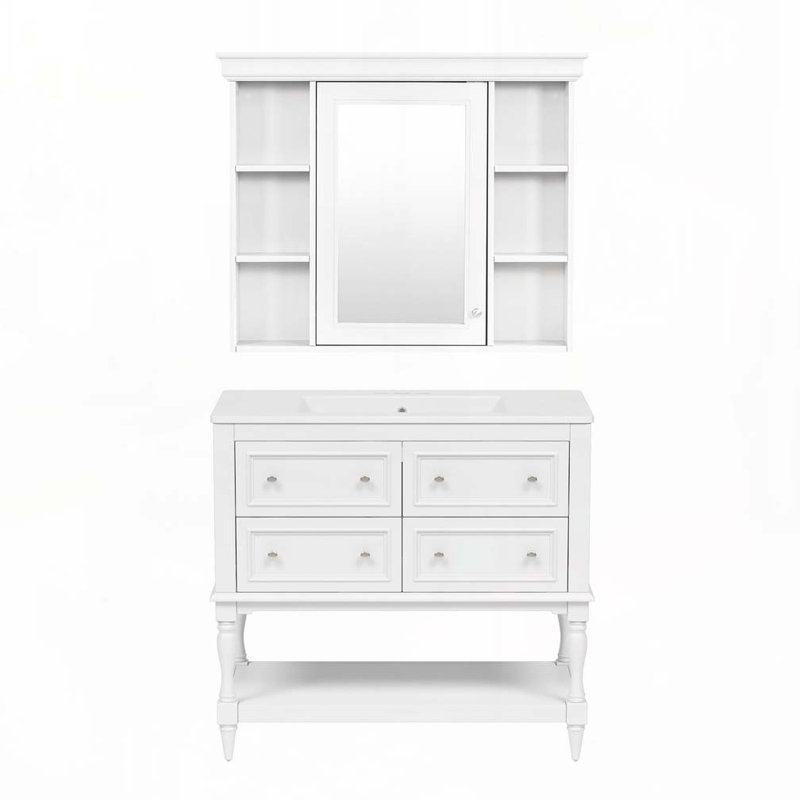 Meuble-lavabo de salle de bain avec lavabo en céramique, 4 tiroirs et structure en bois massif, Blanc