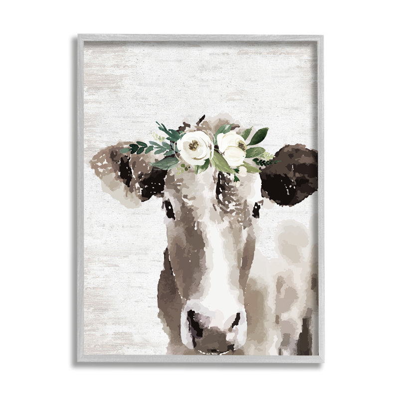 " Farm Cow With Flower Crown Distressed Country ", 16" H x 16" W x 1.5" D, Farmhouse Gray Framed Giclee