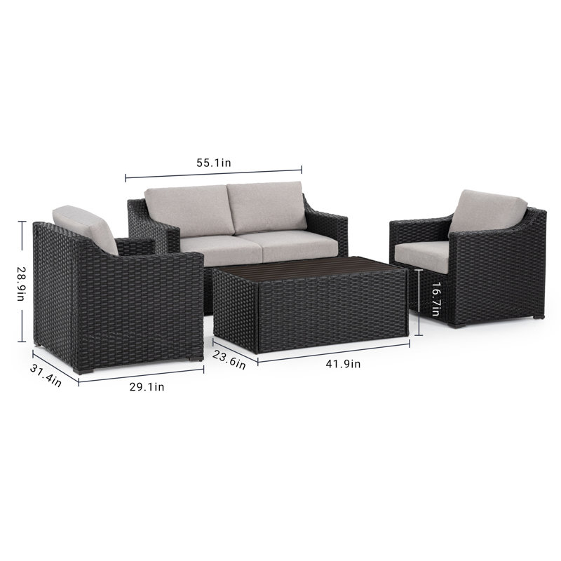 Ensemble de conversation avec canapé et coussins en rotin 4 pièces, gris, Brun