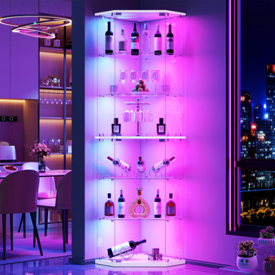 Modern Corner Glass Display Cabinet with App-Controlled RGB Lighting - Tall LED Curio Cabinet for Collectibles & Handbags