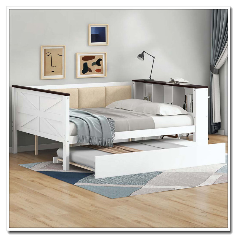 Full Size Wood Daybed with Storage Shelves, Upholstered Backrest,USB and Trundle, White, Full